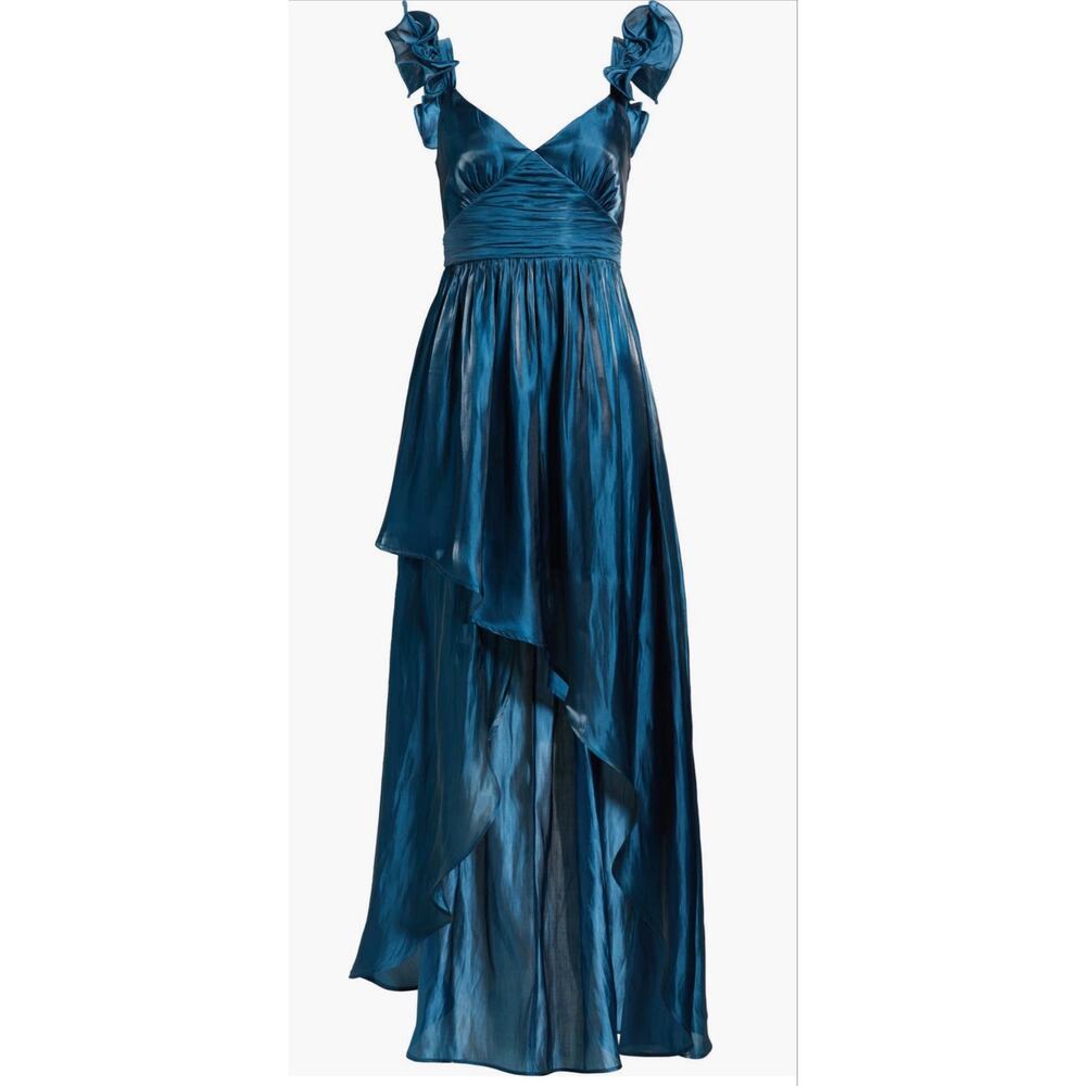 Lulus Marine Blue Solid V-Neck Sleeveless Ruffle Hi-Low Gown Dress Size M